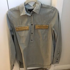 J crew army green half button up top